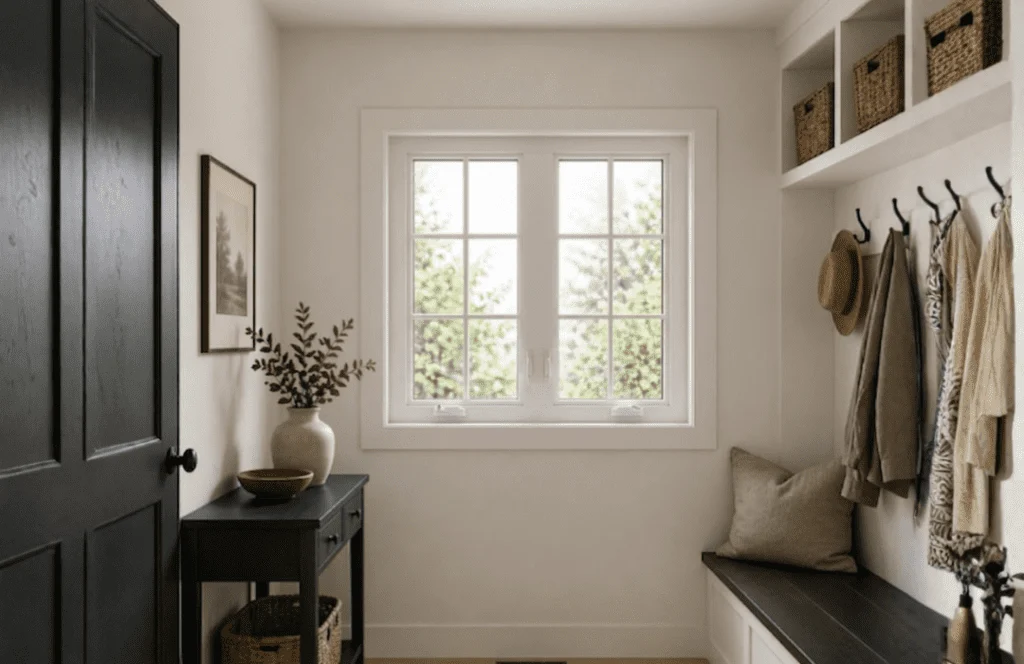 White casement window inside a mud room.