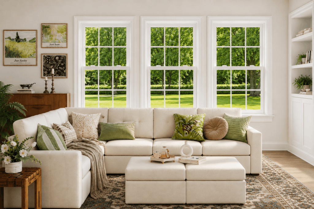 White double-hung windows in a bright living room