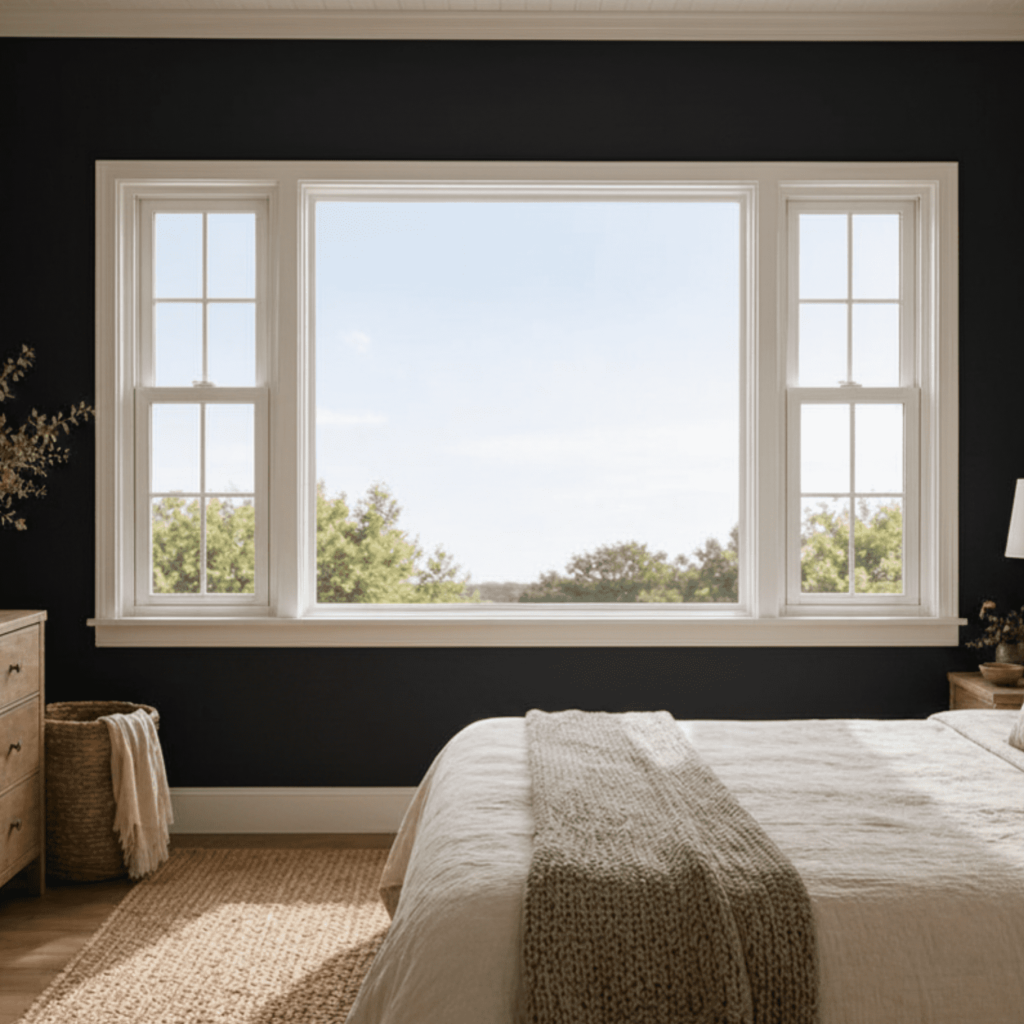 Picture window between two double-hung windows in a bedroom.