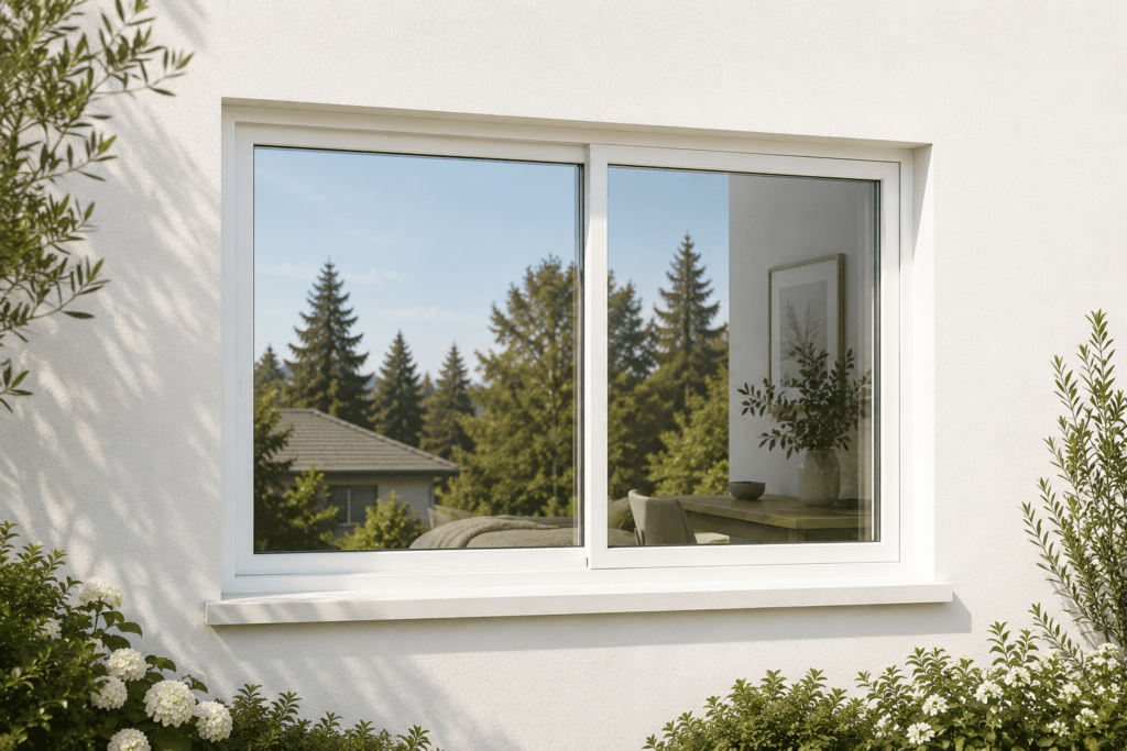 White sliding window, exterior view.