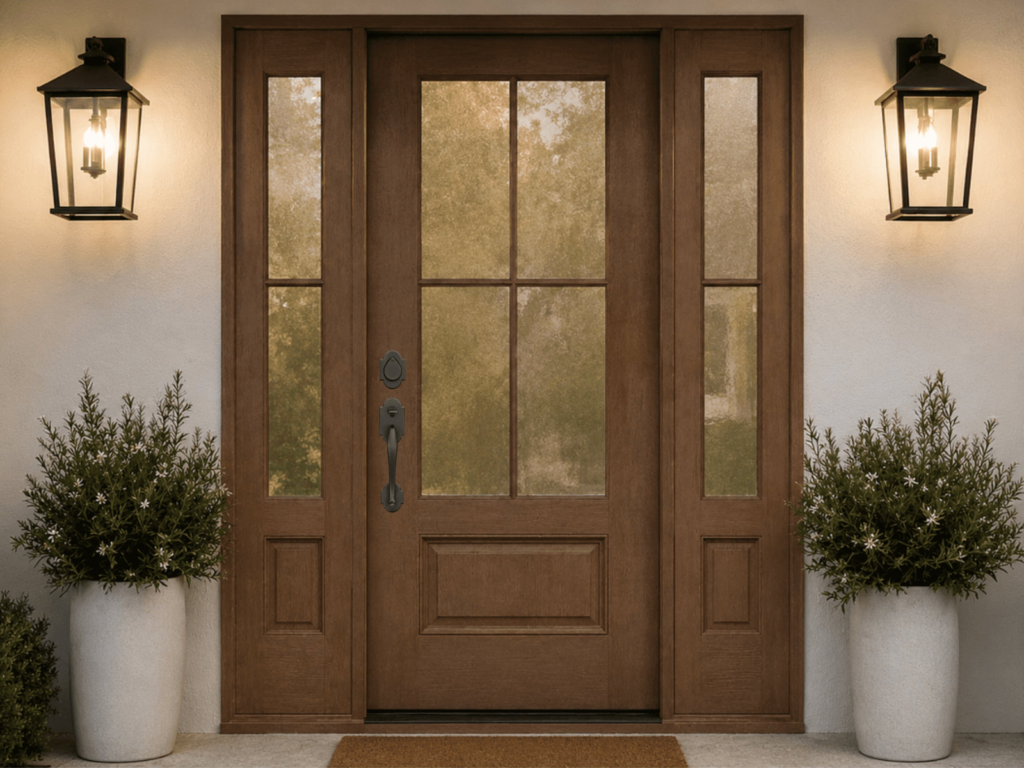 Blue Craftsman home with red replacement entry door