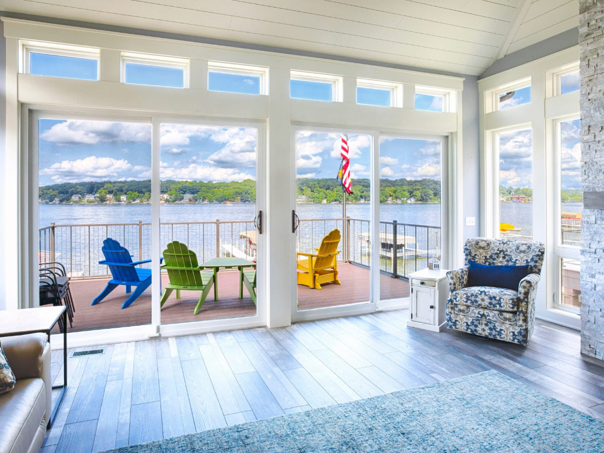 Sliding patio doors overlooking a lake