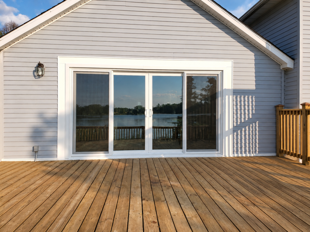 Completed four-panel patio door installation on a Southern Michigan lake home